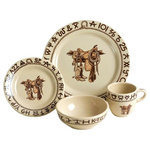 True West - Boots & Brands Cowboy China Dinnerware - Iconic symbols of the American West, on a beautiful buckskin glaze, are rich brown ranch brands, lariat, boots and saddle. This dinnerware was originally released by Wallace China in 1947 and is easily recognizable as a follow-up to the highly successful Rodeo Pattern. Wallace also made other western patterns: El Rancho, Longhorn, and Pioneer Trails, to name a few.