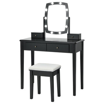 Modern Vanity Set, Cushioned Backless Stool & Dimmable Lighted Mirror, Black