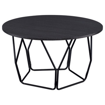Industrial Round Top Wooden Coffee Table With Geometric Base, Black