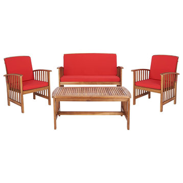 4 Pieces Patio Set, Natural Slatted Acacia Wood Frame and Red Cushioned Chairs