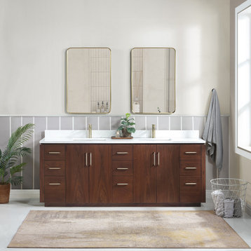 San Bath Vanity with Stone Top, Natural Walnut, 84", Double Vanity, With Mirror