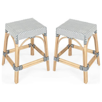 Home Square 2 Piece Rattan Counter Stool Set in Navy and White