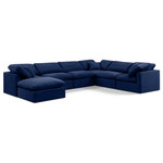Meridian Furniture - Indulge Upholstered Modular U-Shaped Sectional, Navy, 7-Piece: 3 Armless Chair, 3 Corner Chair, 1 Ottoman, Down Stuffed Velvet - Experience ultimate comfort and style with our navy velvet Indulge Sectional. The luxurious velvet will elevate the aesthetic of any room. This sofa provides ample space for you to relax while its modular build offers the option of unlimited configurations. Whether you're looking to add a stylish element to your living room or a comfortable seating option to your bedroom, this sofa is the perfect choice.