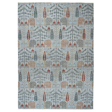 Gray Peshawar Willow And Cypress Tree Design Hand-Knotted Rug, 10'x14'