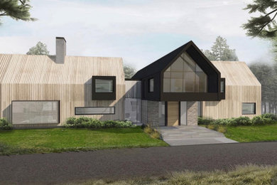 Diseño de fachada de casa multicolor y negra minimalista grande de dos plantas con revestimiento de madera, tejado a dos aguas y tejado de varios materiales