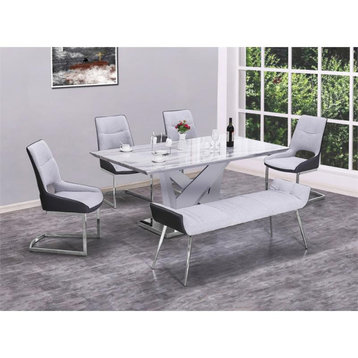White Faux Marble Dining Set with Stainless Steel and Gray Chairs and Bench