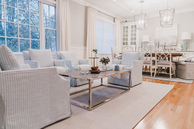 Great room - mid-sized coastal light wood floor great room idea in Boston with gray walls