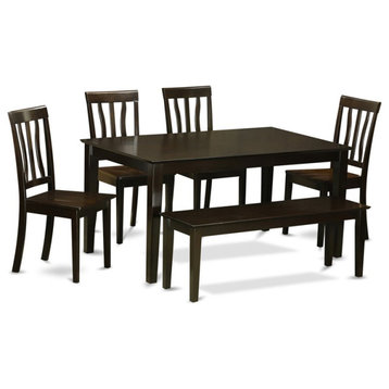 East West Furniture Capri 6-piece Dining Set with Wood Seat in Cappuccino