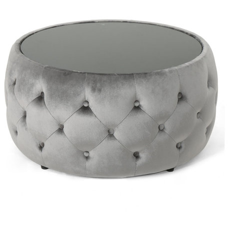 GDF Studio Ivy Glam Velvet and Tempered Glass Coffee Table Ottoman, Smoke/Black