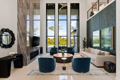 Living room - huge contemporary wallpaper living room idea in Tampa with white walls