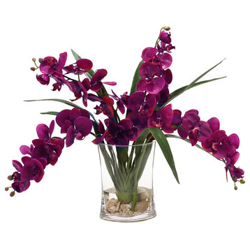 Waterlook® Violet Phaleanopsis Orchids with Foliage in Narrow Glass Vase