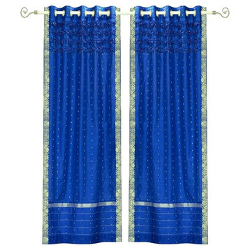 Lined-Blue Hand Crafted Grommet Top  Sheer Sari Curtain Drape Panel-Piece