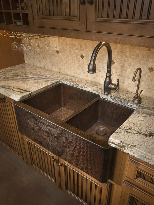 kitchen sink copper farmhouse sinks backsplash stainless farm hammered antique cabinets bronze kitchens apron granite faucets trails native countertop duet