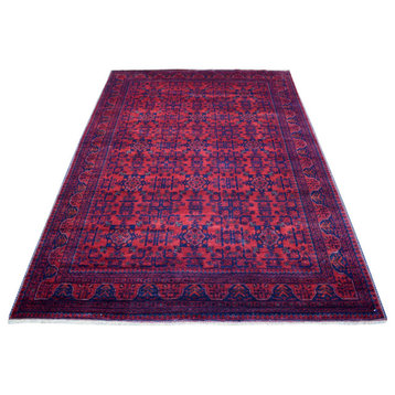 Deep and Saturated Red Afghan Khamyab Hand Knotted Pure Wool Rug, 5'7" x 7'9"