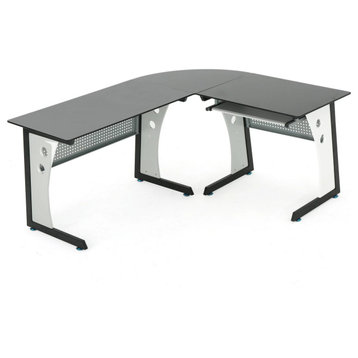 Modern L Shaped Desk, Iron Legs With Tempered Glass Top & Pull Out Keyboard Tray
