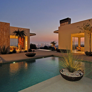 Hollywood Hills Glass Tile Swimming Pool, Vanishing Edge Spa, Entry Watershape