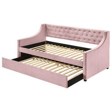 ACME Lianna Button Tufted Velvet Upholstered Twin Daybed and Trundle in Pink