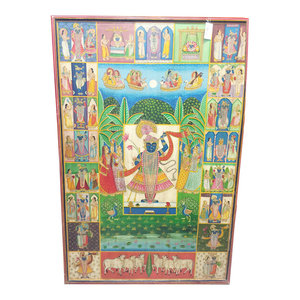 Mogulinterior - Consigned Pichhwai India Traditional Lord Krishna Nathdwara Colorful Wall Panel - Paintings