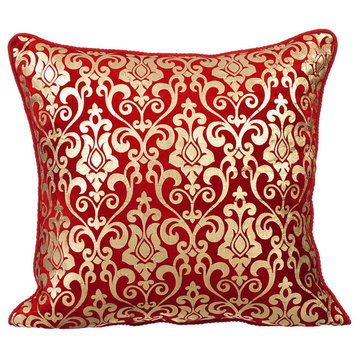 Damask 16"x16" Velvet Red Decorative Pillows Cover, Red Festive