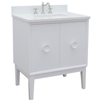 31" Single Vanity, White Finish With White Quartz Top And Rectangle Sink