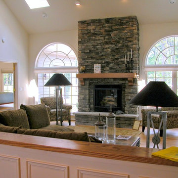 Stone fireplace extends to outside