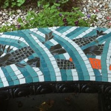 birthday bench for Liz's birthday next to pond.