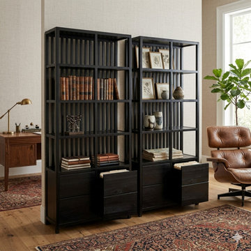 Black Lacquer Bars 4 Drawers Zen Minimalist Bookcase Display Cabinet ws4749