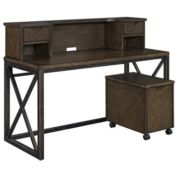 Pemberly Row Wood Desk with Hutch and File Cabinet in Brown Finish