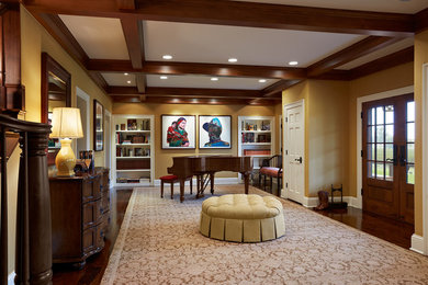 Example of a huge mountain style enclosed dark wood floor family room design in Minneapolis with a music area, yellow walls, no fireplace and no tv