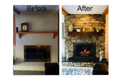 Inspiration for a mid-sized transitional bamboo floor and brown floor family room remodel in Other with white walls, a standard fireplace and a stone fireplace