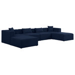 Meridian Furniture - Cube Upholstered Modular Sectional, Navy, 6-Piece: 2 Armless Chair, 2 Corner Chair, 2 Ottoman, Linen Texured Fabric - Treat yourself to some long overdue "me time" when you're seated on this Cube 6-Piece Modular Sectional. This beautiful modular unit is both eye-catching and elegant, features durable linen textured upholstery in a soft navy color that meshes well with nearly any existing color scheme. Pair this modular Sectional with other items in the same collection to create an unlimited number of combinations and enjoy the custom seating arrangement of your dreams. Latches underneath make it easy to attach pieces to one another.