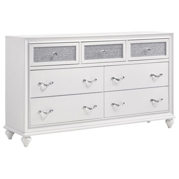7 Drawers Dresser With Acrylic Crystal Accent, Gray and White
