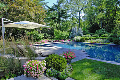 Hot tub - large contemporary backyard concrete paver and custom-shaped lap hot tub idea in New York