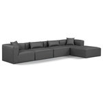 Meridian Furniture - Cube Upholstered Modular Sectional, Grey, 5-Piece: 2 Armless Chair, 2 Corner Chair, 1 Ottoman, Vegan Leather - Elevate your space with the luxurious Cube Vegan Leather Modular Sectional. This modular sectional exudes modern elegance, charm, and comfort making it a perfect addition to any contemporary living space. Its clean lines and cube shape are reminiscent of minimalist design, while the plush charcoal grey vegan leather upholstery adds a touch of luxury and sophistication. The chair's versatile construction and geometric aesthetic seamlessly integrate into various design styles, from sleek living rooms to chic home offices, embodying the essence of modern design and creating a sense of order and tranquility in your space.
