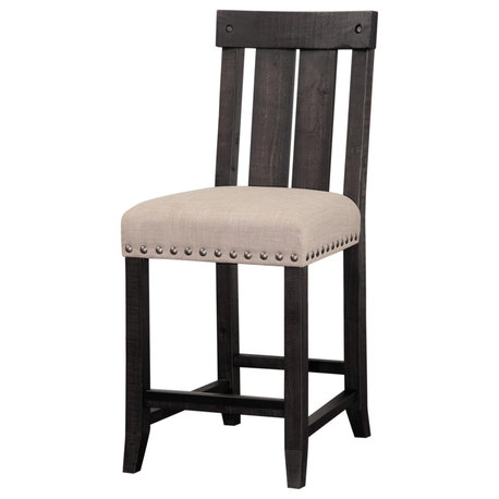 Counter Height Stool,Fabric Upholstered Seat & Slat Style Back,Black & Beige