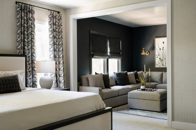 Transitional master carpeted, white floor and wallpaper bedroom photo in DC Metro with beige walls