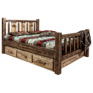 Montana Woodworks Homestead Wood King Storage Bed with Bronc Design in Brown