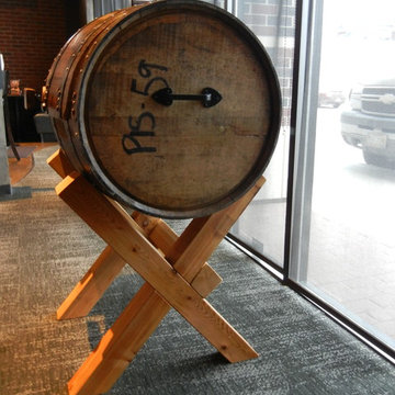 Reclaimed whiskey barrel cooler.