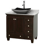 Wyndham Collection - Acclaim Espresso Vanity, 36", Altair Black Granite, White Carrera Marble - Sublimely linking traditional and modern design aesthetics, and part of the exclusive Wyndham Collection Designer Series by Christopher Grubb, the Acclaim Vanity is at home in almost every bathroom decor. This solid oak vanity blends the simple lines of traditional design with modern elements like beautiful overmount sinks and brushed chrome hardware, resulting in a timeless piece of bathroom furniture. The Acclaim is available with a White Carrara or Ivory marble counter, a choice of sinks, and matching Mrrs. Featuring soft close door hinges and drawer glides, you'll never hear a noisy door again! Meticulously finished with brushed chrome hardware, the attention to detail on this beautiful vanity is second to none and is sure to be envy of your friends and neighbors
