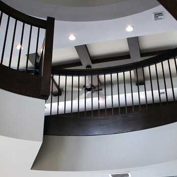 Custom Curved White Oak Staircase, Square Iron Balusters