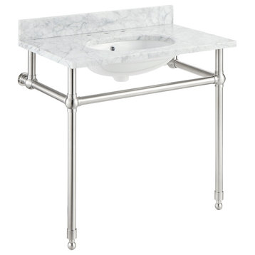 ANZZI Verona 34.5" Console Sink With Carrara White Counter Top, Brushed Nickel