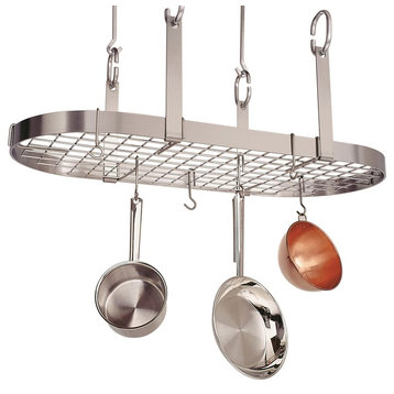 Handcrafted Four Point Oval Ceiling Pot Rack w 18 Hooks Stainless Steel