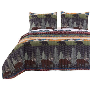 Benzara BM116917 3 Piece King Size Quilt Set, Nature Inspired Print, Multicolor
