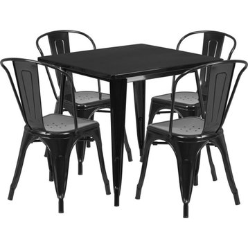 31.5'' Square Black Metal Indoor-Outdoor Table Set With 4 Stack Chairs