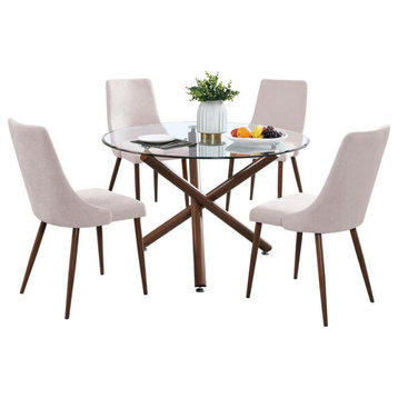 5pc Circular Clear Glass Dining Table Set with Beige Fabric Chairs
