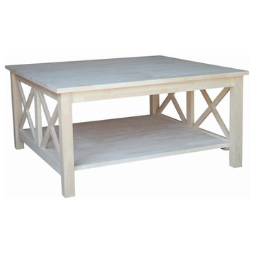 Contemporary Coffee Table, X Shaped Sides With Lower Open Shelf, Unfinished
