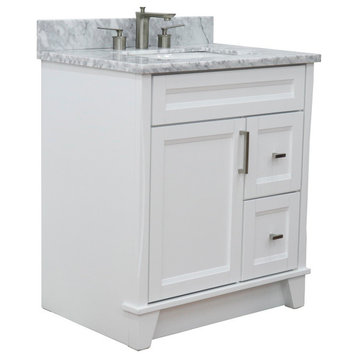 31" Single Sink Vanity, White Finish With White Carrara Marble