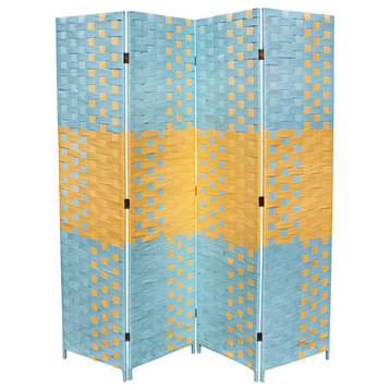 Beach Blue/Natural Paper Straw Weave 4-Panel Screen on 2"H Legs, Handcrafted