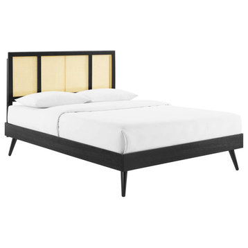 Cane Bed, Woven Rattan Bed, Art Moderne Slat Platform Bed, Black, Queen