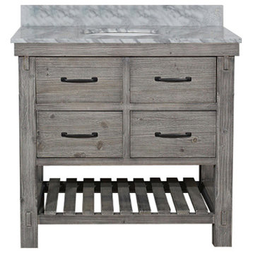 Single Fir Sink Vanity Driftwood With Carrara White Marble Top, Gray, 36"